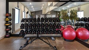 A gym with weightlifting equipment, exercise balls, and a bench. - Embassy Suites by Hilton Colorado Springs (Colorado Springs)