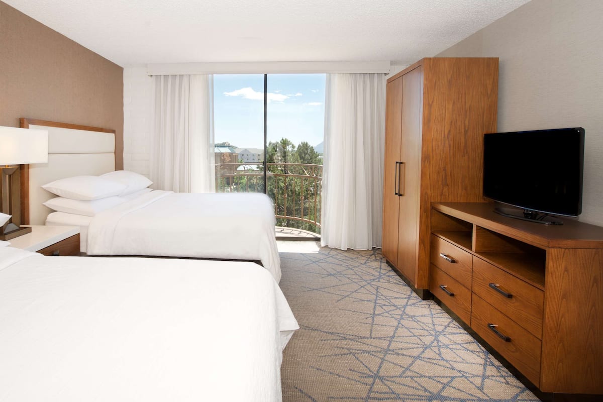 A hotel room with two beds, a TV, a wardrobe, and a view of the outdoors.
