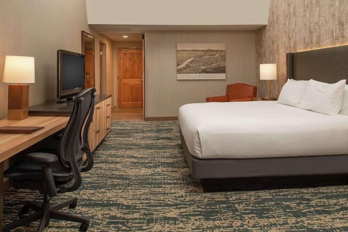 Una habitación de hotel con cama, escritorio, silla, televisión y un cuadro en la pared.