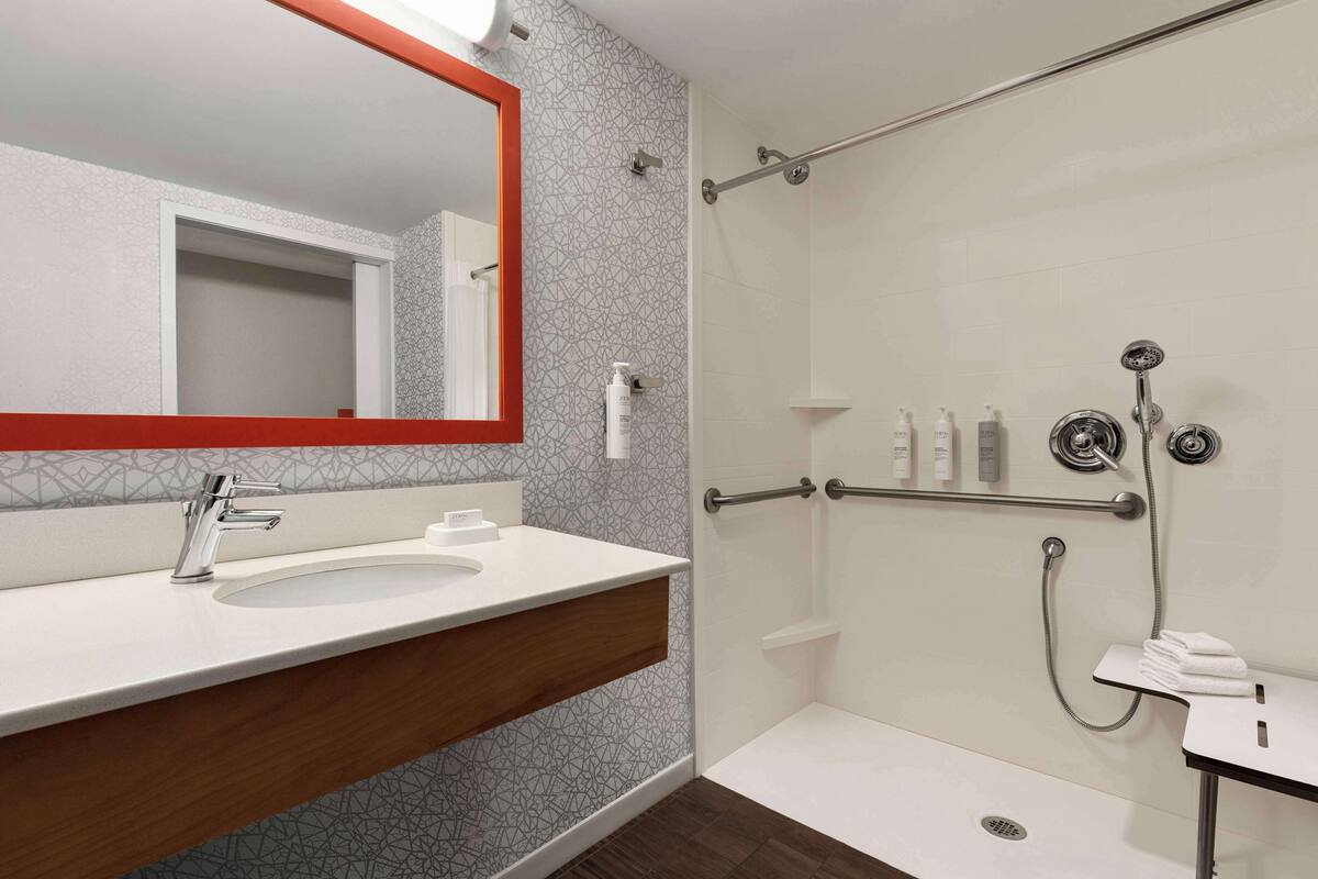 room, 1 king bed, accessible, non smoking (roll in shower) | bathroom | free toiletries, hair dryer, towels, soap