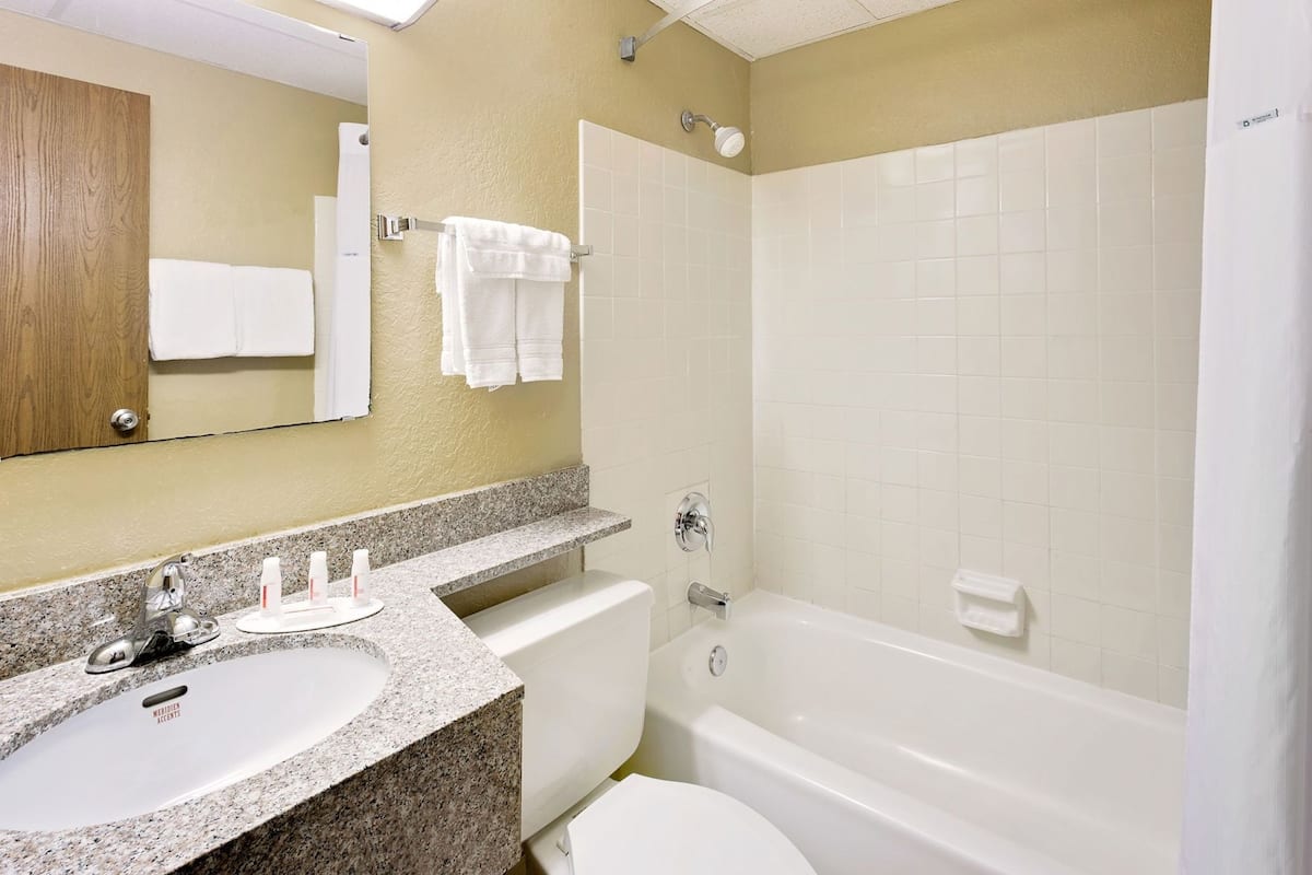 Ein Badezimmer mit Waschbecken, Spiegel, Handtuchhalter, Dusche und Toilette.