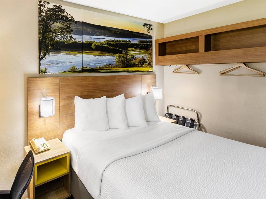 Habitación de hotel con cama, mesita de noche con lámpara, teléfono y un cuadro de un paisaje.