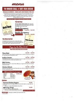 Enjoy a variety of pizzas, including The Bell Hop, Single Occupancy, Double Occupancy, and The Wake Up Call, as well as chicken dishes and beverages.