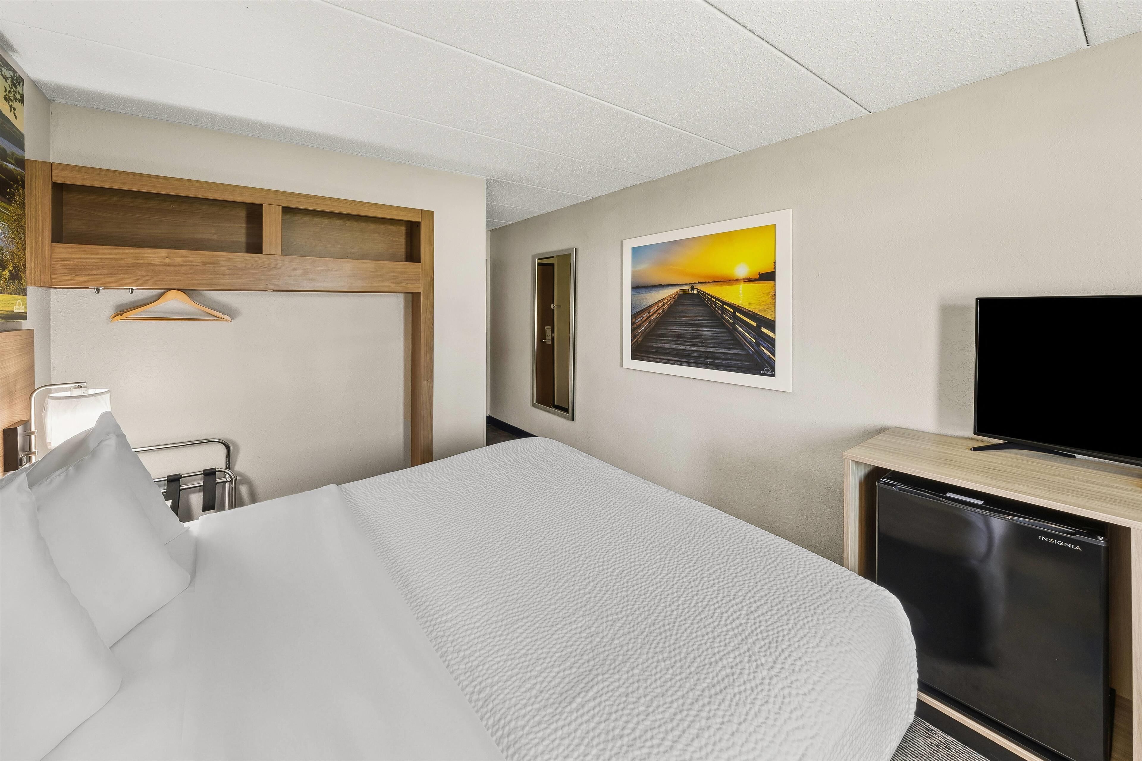A hotel room with a bed, a TV, a small fridge, a wooden headboard, a picture of a sunset, and a door.