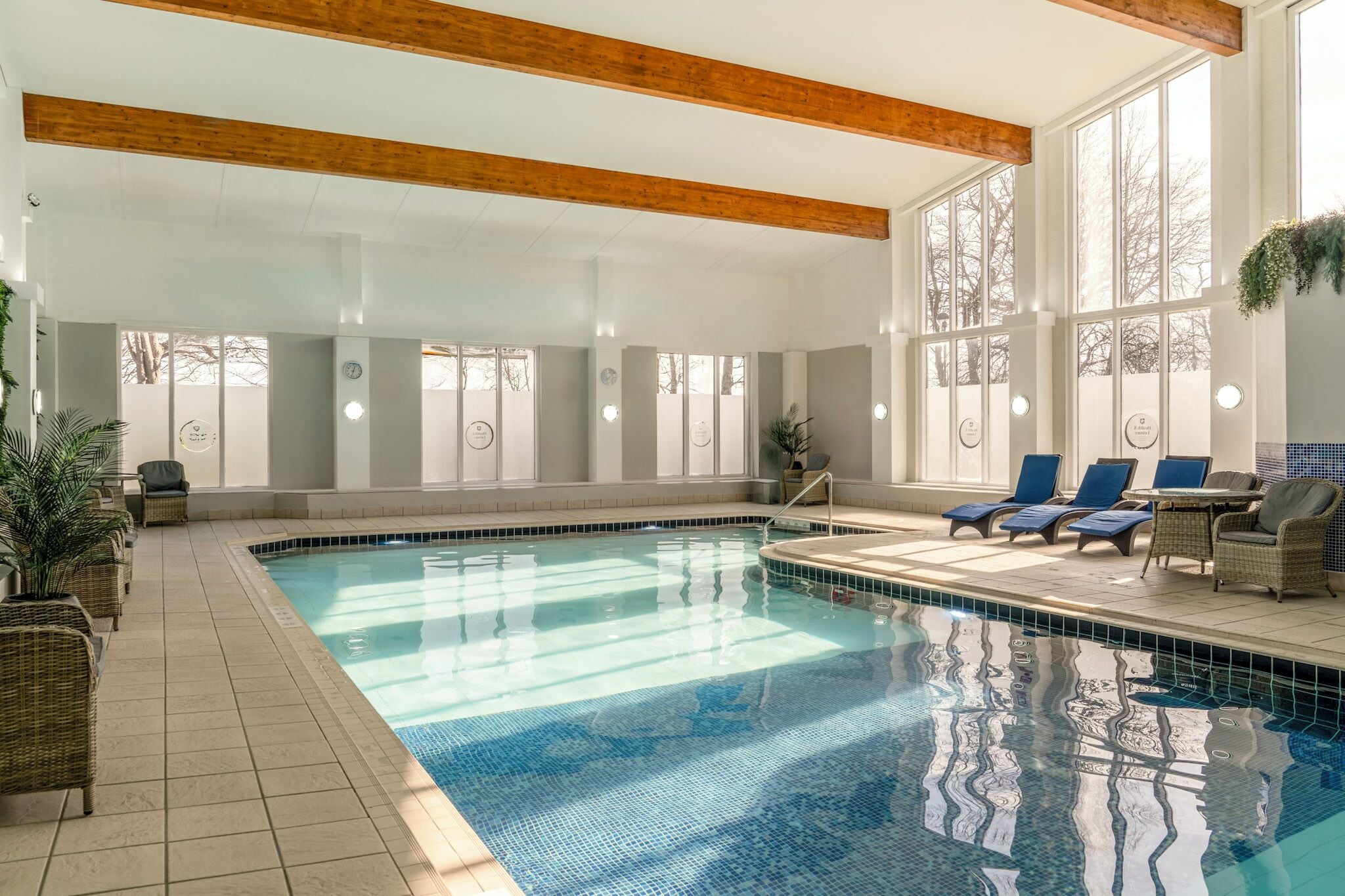 Innendørsbasseng og solsenger