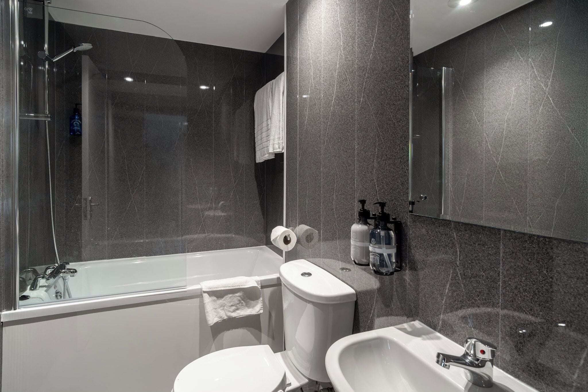 Ein modernes Badezimmer mit einer gläsernen Duschkabine, einer weißen Toilette, einem Bidet und einem Waschbecken.