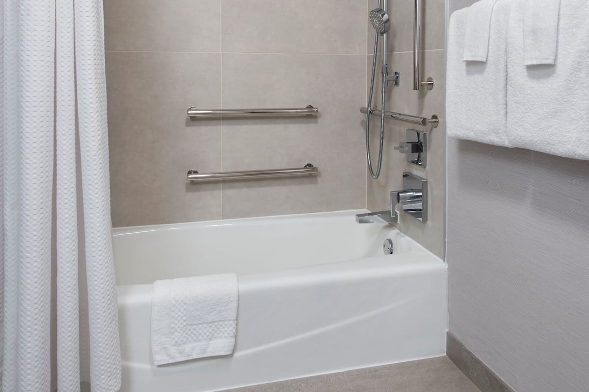 combined shower/bathtub, free toiletries, hair dryer, towels