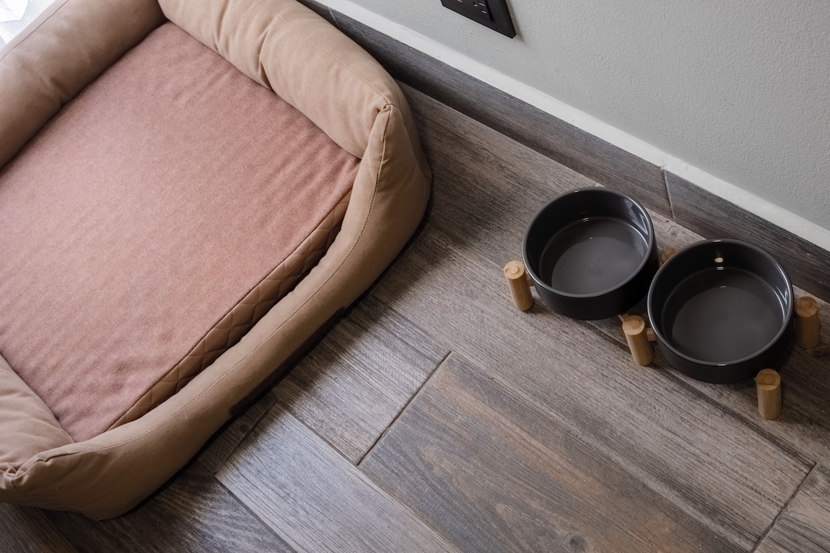 Una cama para mascotas con un cojín y dos comederos sobre un piso de madera.
