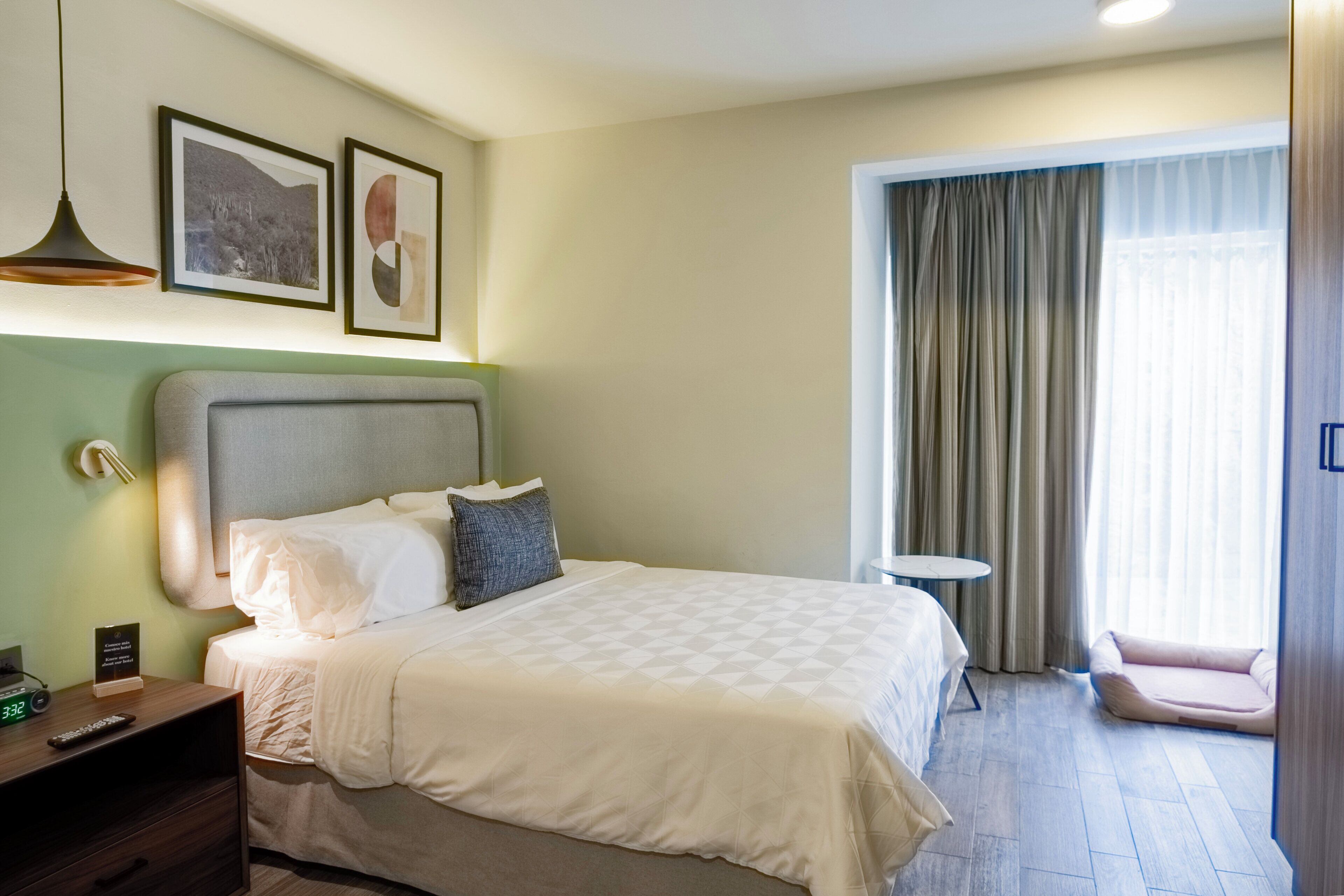 Habitación de hotel con cama, mesita de noche, lámpara, cuadros enmarcados y vistas al exterior.