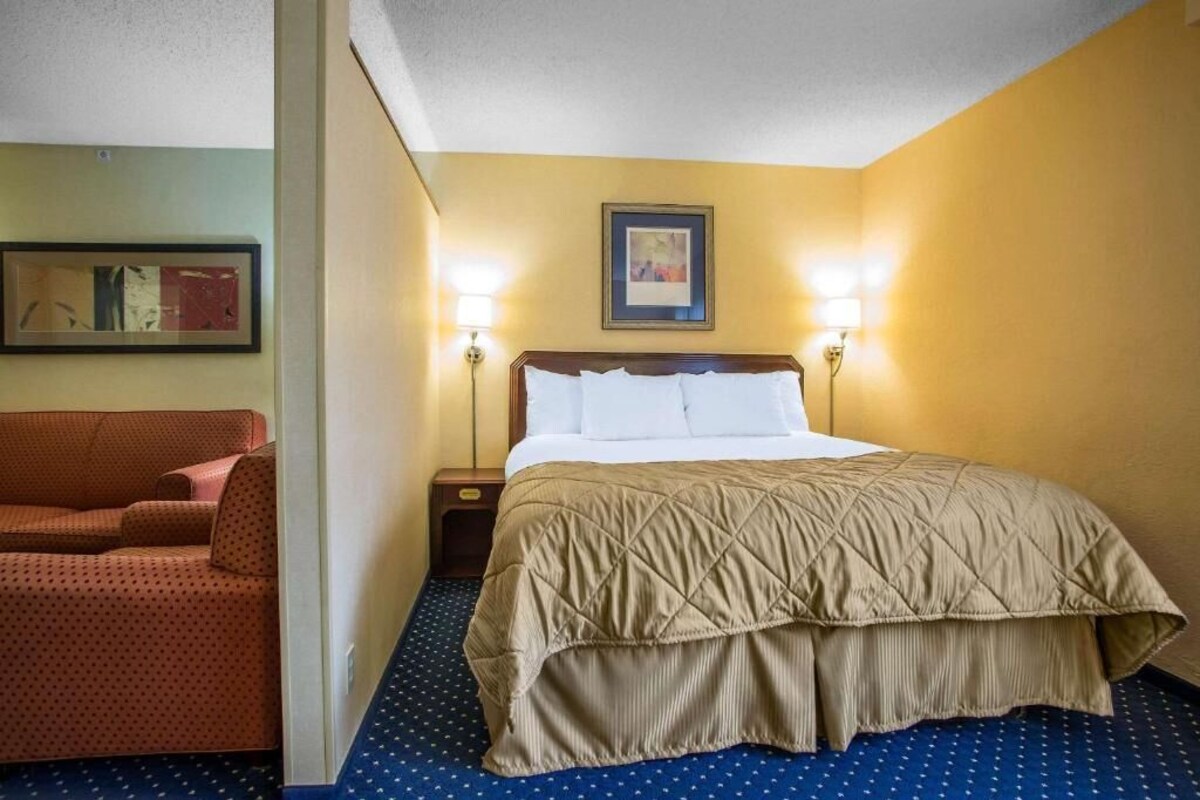 A hotel room with a bed, a nightstand, a lamp, a chair, and a framed picture on the wall.