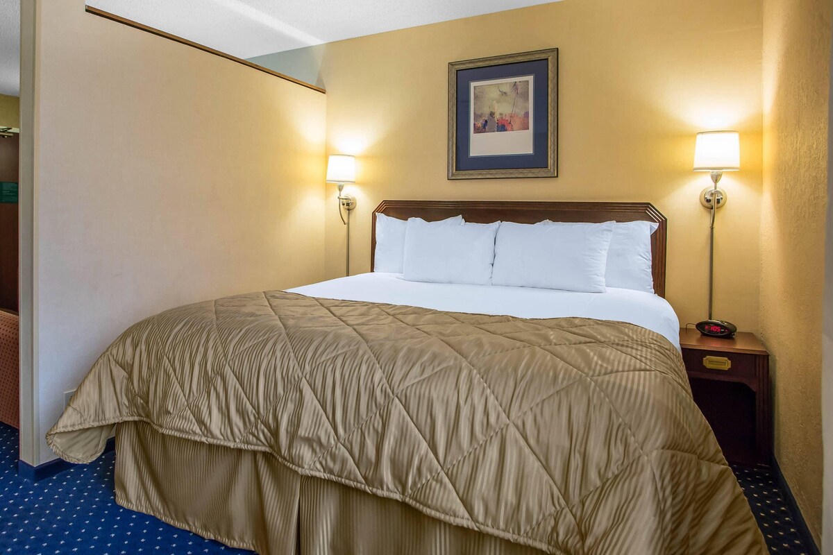 Premium bedding, desk, blackout curtains, iron/ironing board