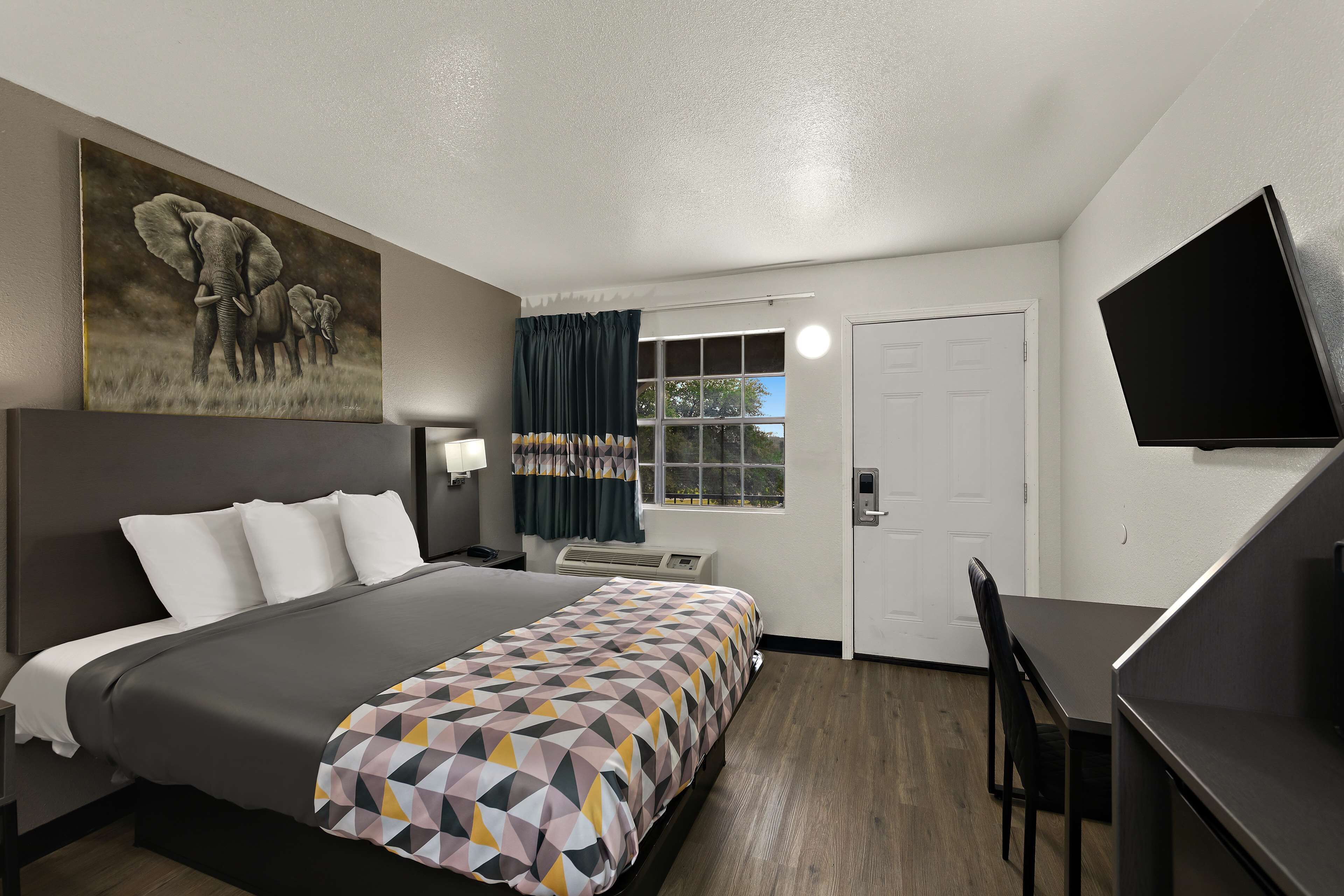 A hotel room with a bed, a desk, a TV, a painting of elephants, a window with curtains, and a door.