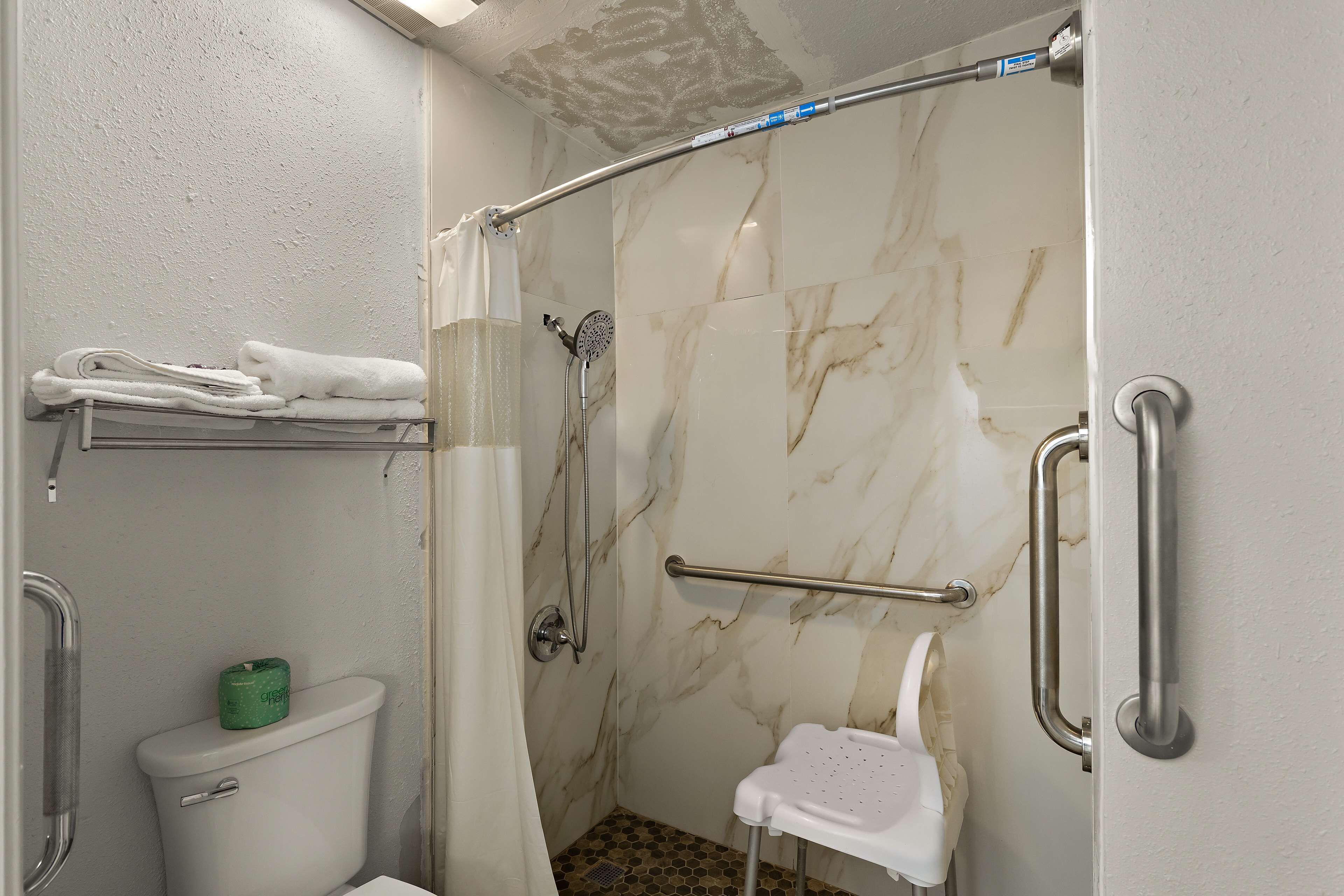 Een badkamer met douche, toilet en handgrepen.