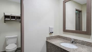 Et badeværelse med et hvidt toilet, en vask med granitbordplade og et spejl.