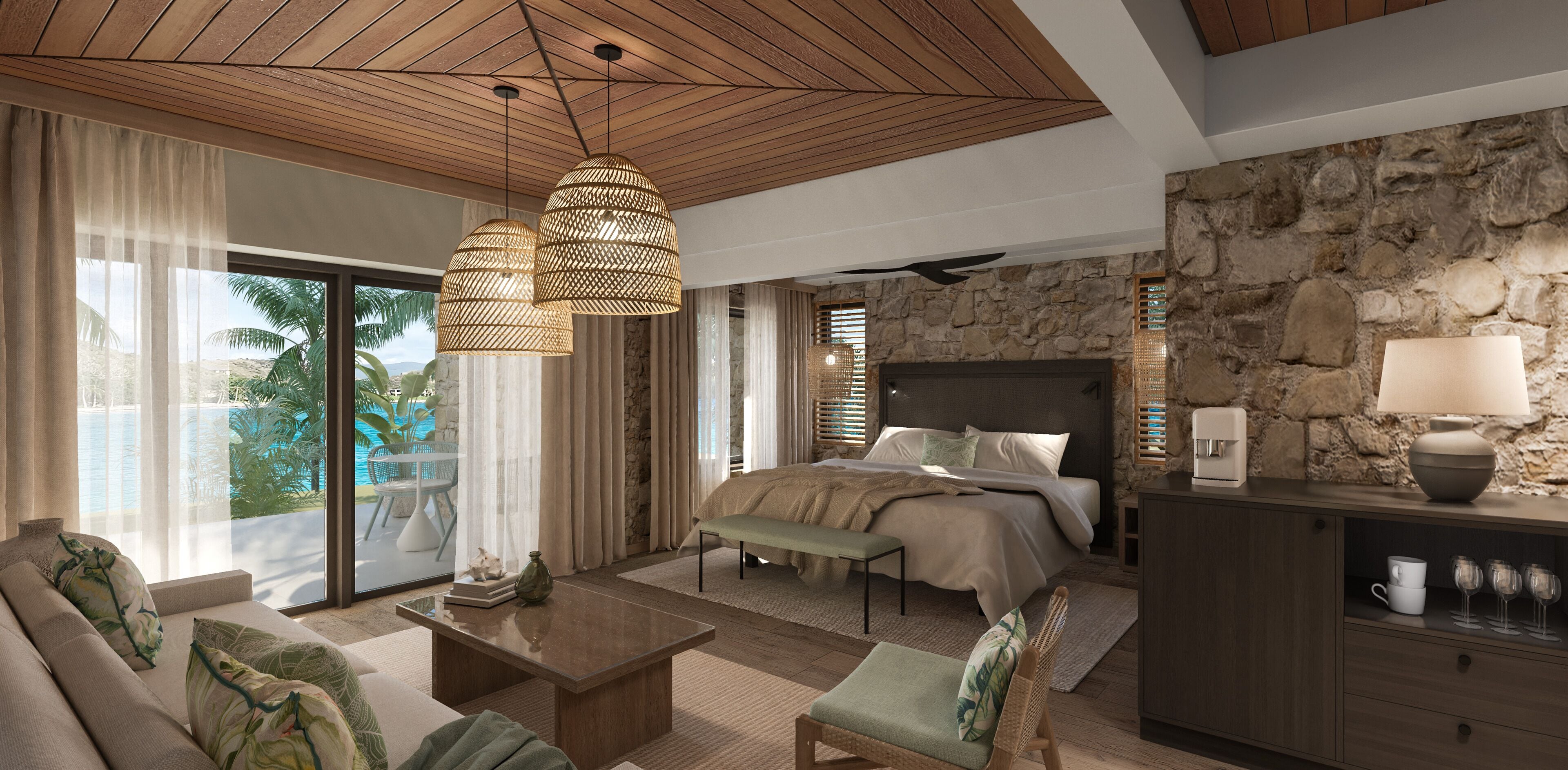 Een moderne hotelkamer met een groot bed, een bank, een salontafel en een zithoek.