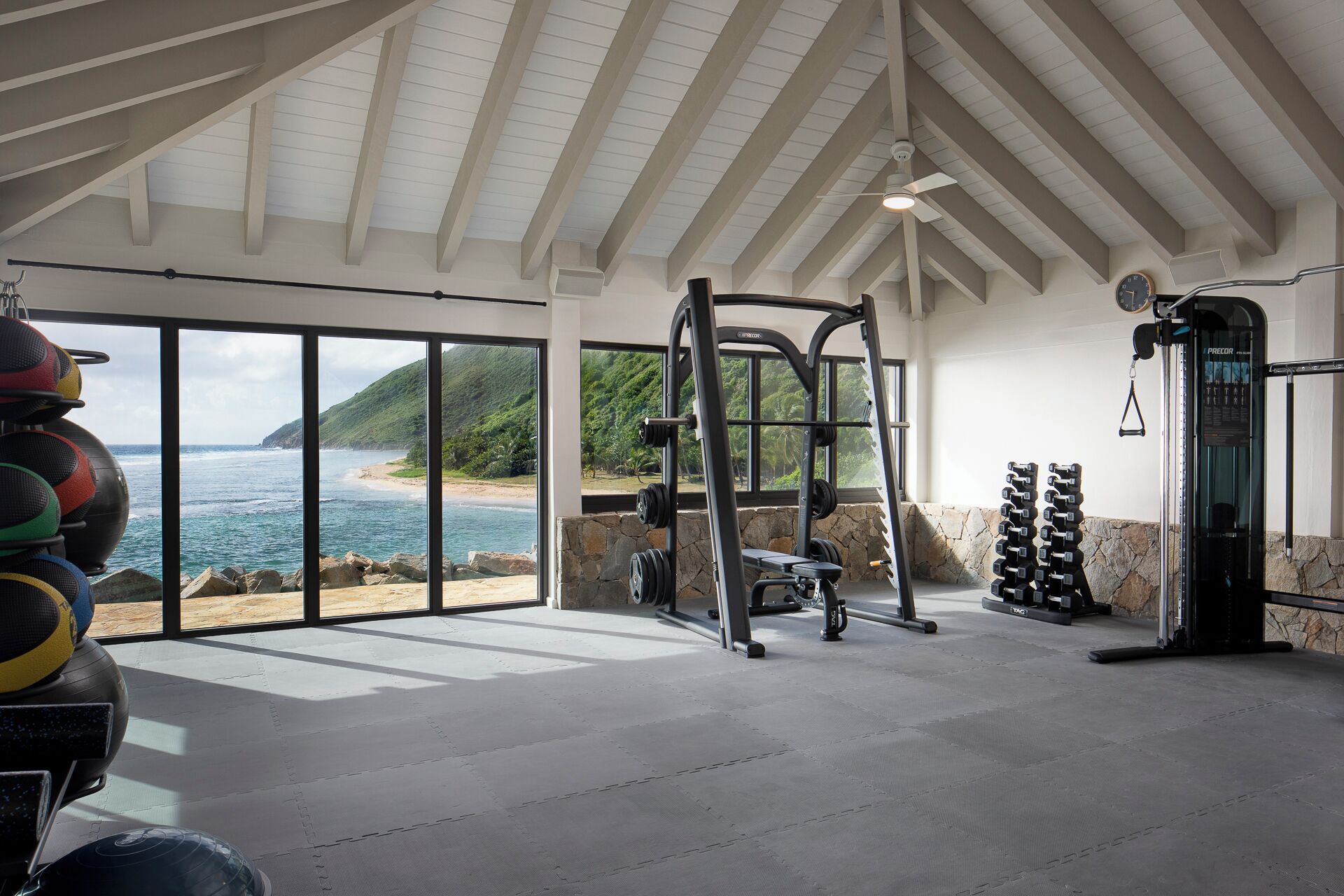 A gym with a view of the ocean, weightlifting equipment, and a ceiling fan.