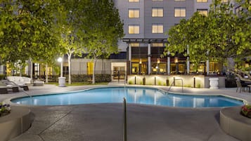 Outdoor pool, open 9:00 AM to 10:00 PM, sun loungers