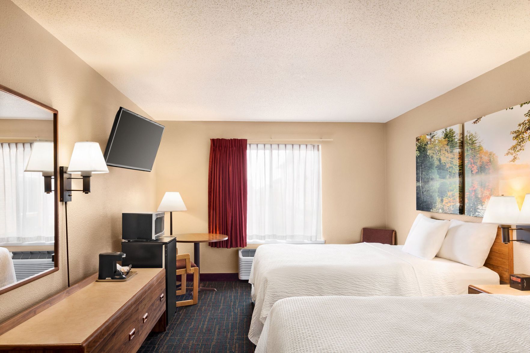 Premium bedding, desk, laptop workspace, iron/ironing board