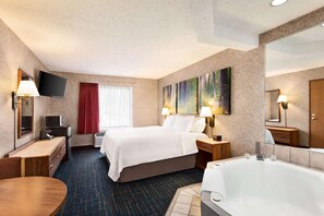 Premium bedding, desk, laptop workspace, iron/ironing board