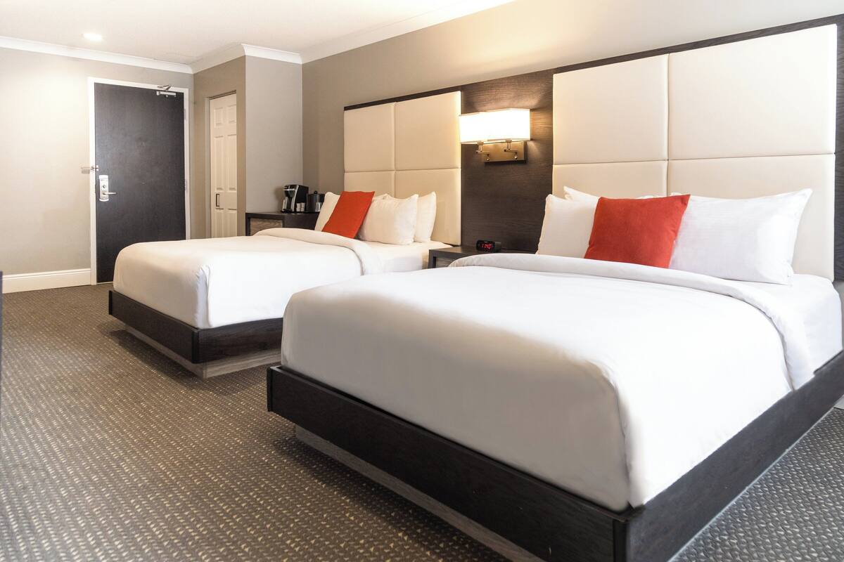 A hotel room with two beds, a dark carpet, a white door, and a nightstand with a lamp.