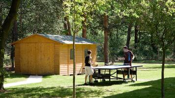 Un abri en bois dans un parc, avec une table de ping-pong à proximité.