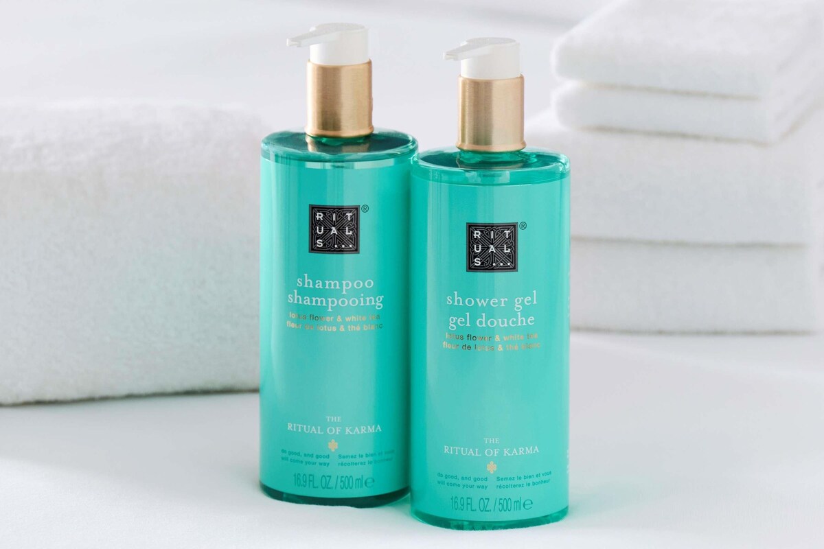 Two bottles of 'Rituals of Karma' shampoo and shower gel.