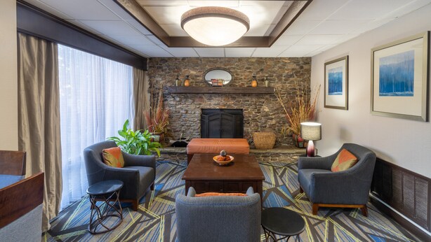 Un hall d’hôtel doté d’une cheminée en pierre, de sièges confortables et d’une grande fenêtre agrémentée de rideaux.