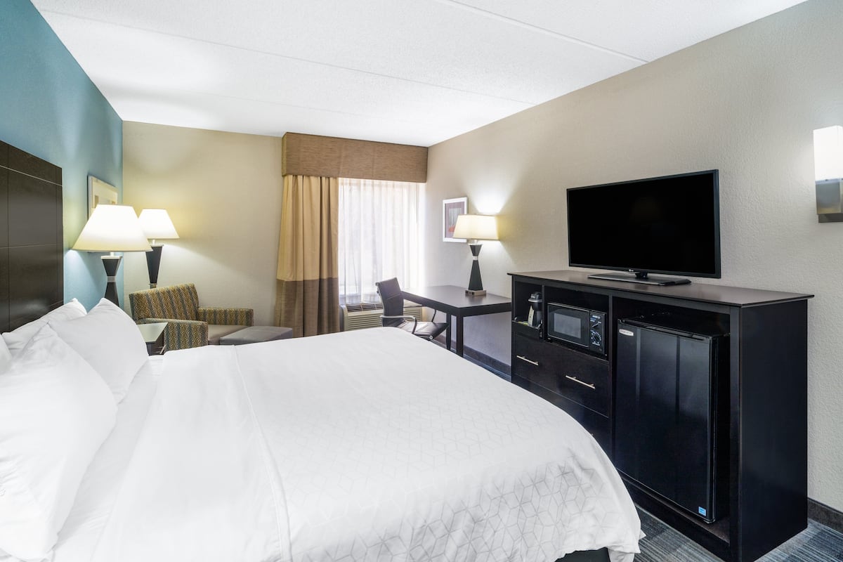 A hotel room with a large bed, a desk, a television, and a minibar.