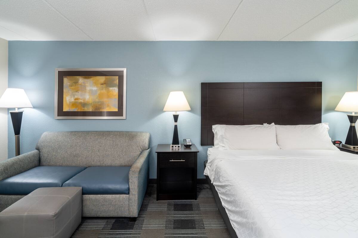 A hotel room with a bed, a sofa, a nightstand with a lamp, and a painting on the wall.