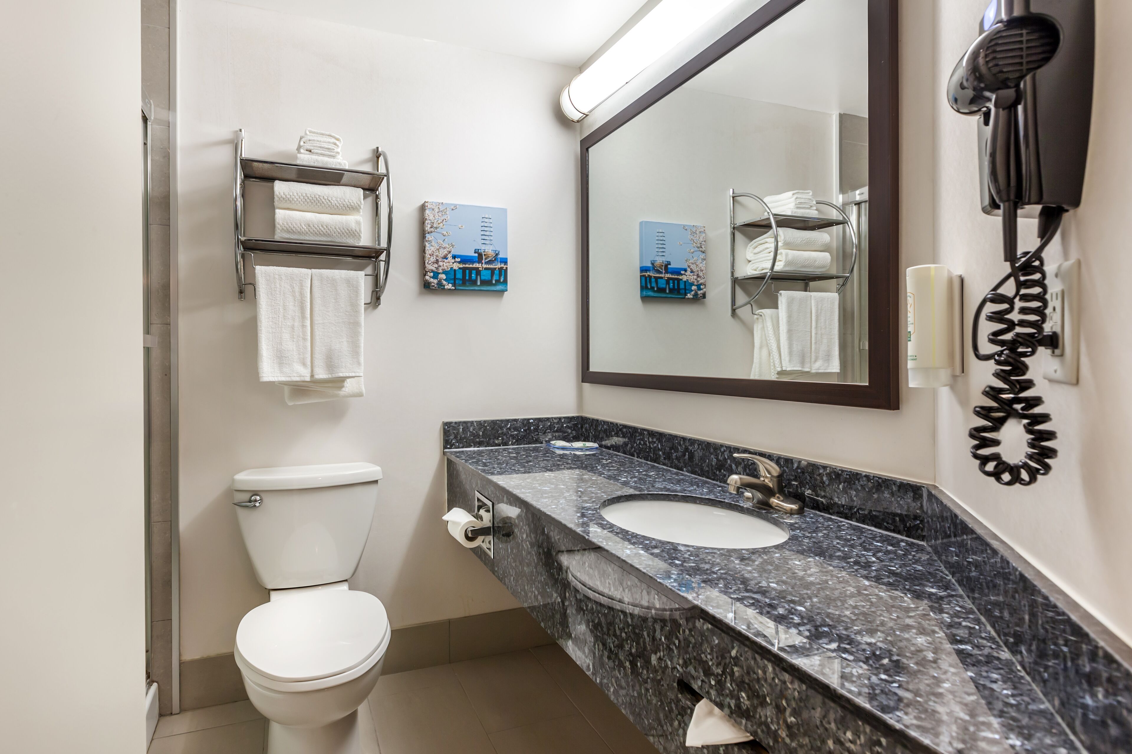 A bathroom with a white toilet, a marble sink, a large mirror, and two framed paintings.