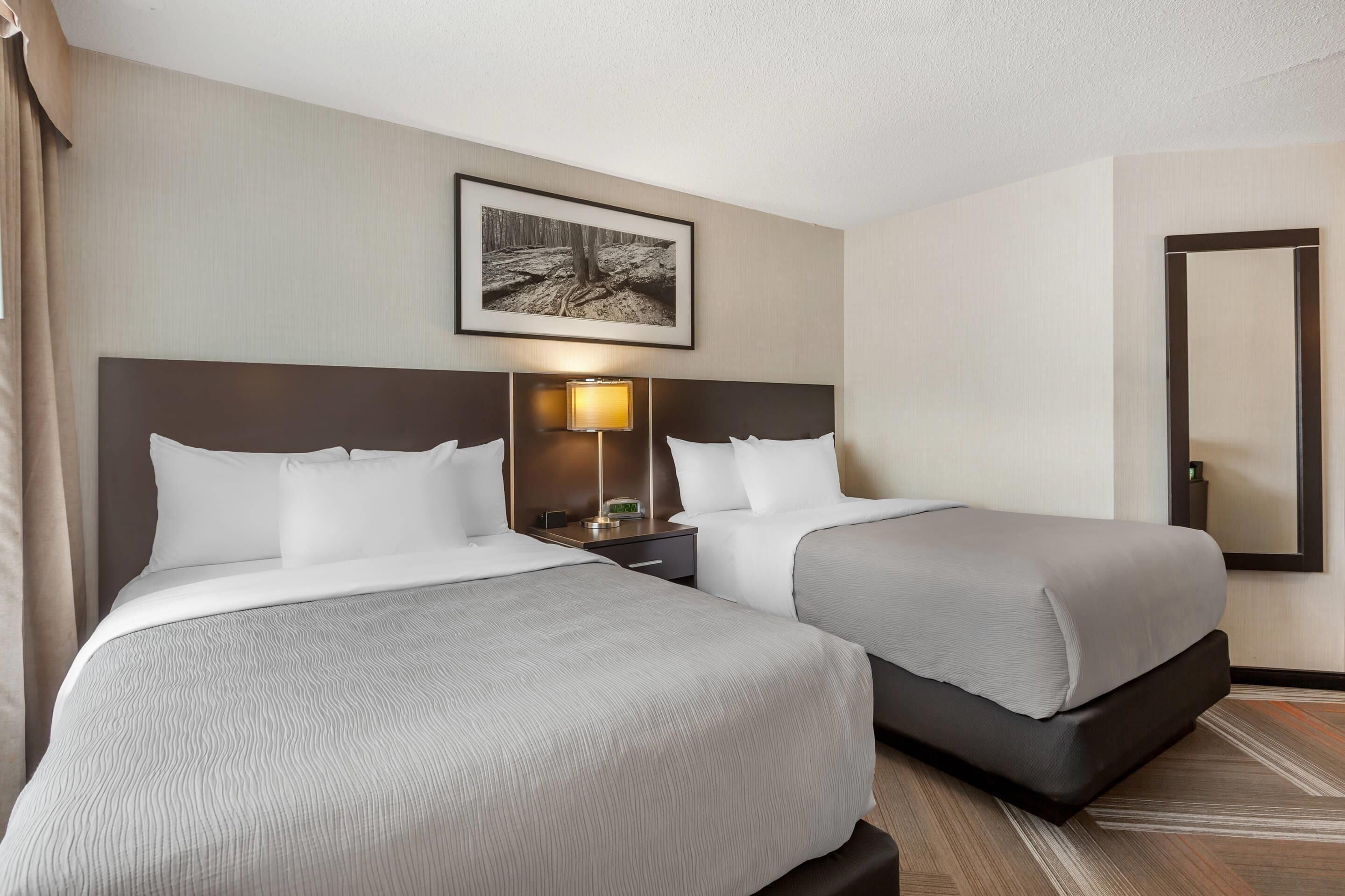A hotel room with two beds, a nightstand with a lamp, a framed picture on the wall, and a mirror.