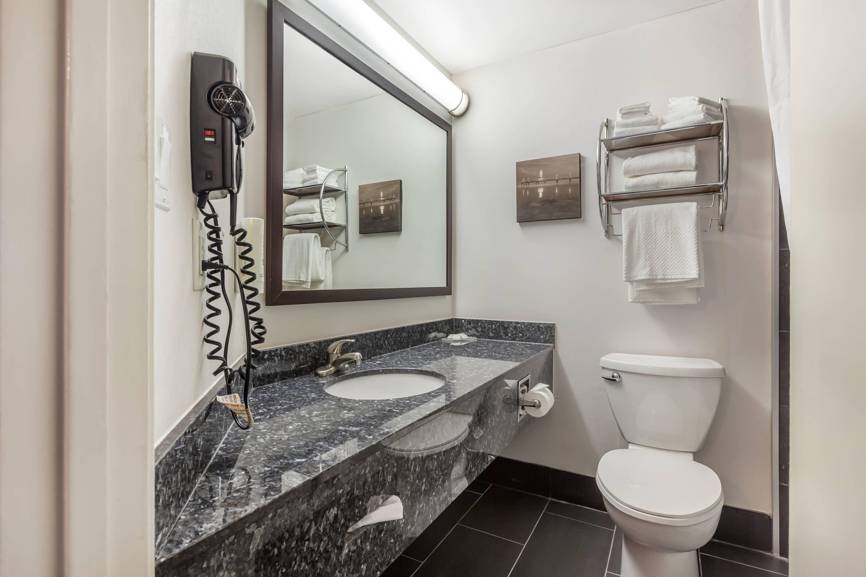 Un baño con lavamanos de mármol, inodoro, secador de pelo y toalleros.