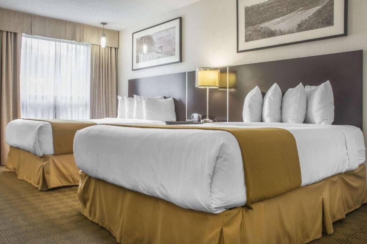 A hotel room with two beds, a large window with curtains, a bedside lamp, and framed pictures on the wall.