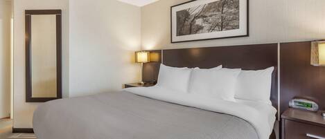A hotel room with a large bed, a bedside table with a lamp, a framed picture on the wall, and a digital clock.
