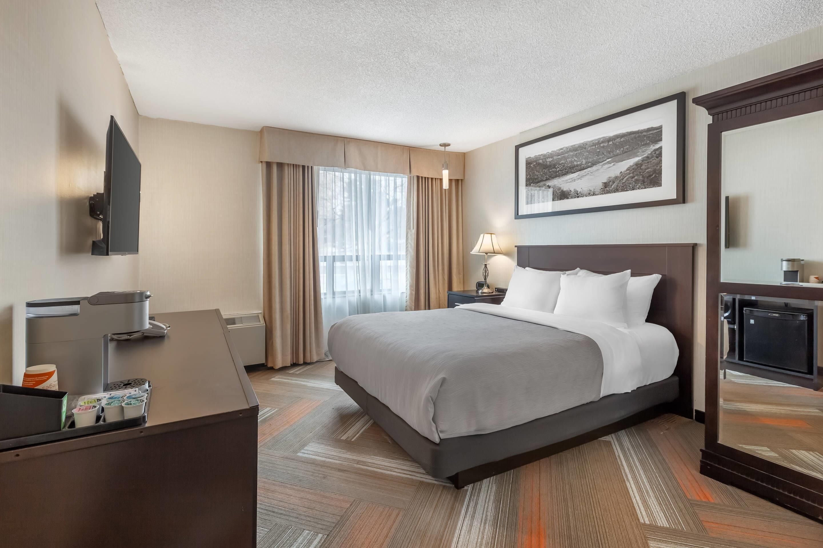 A hotel room with a bed, a desk, a TV, a lamp, and a framed picture on the wall.