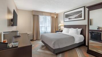 A hotel room with a bed, a desk, a TV, a lamp, and a framed picture on the wall.
