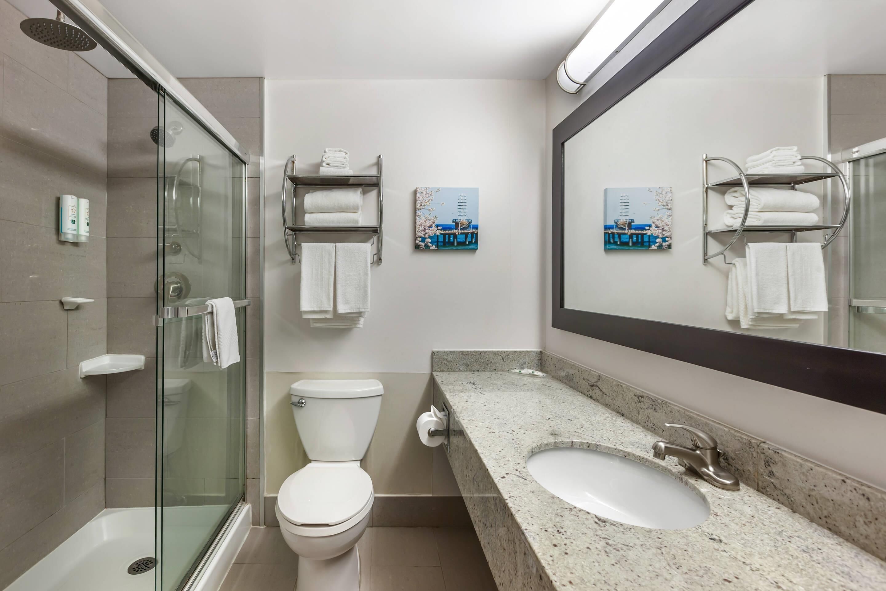 Un baño moderno con ducha envuelta en vidrio, inodoro, lavabo con un espejo grande y barras para toallas con toallas dobladas.