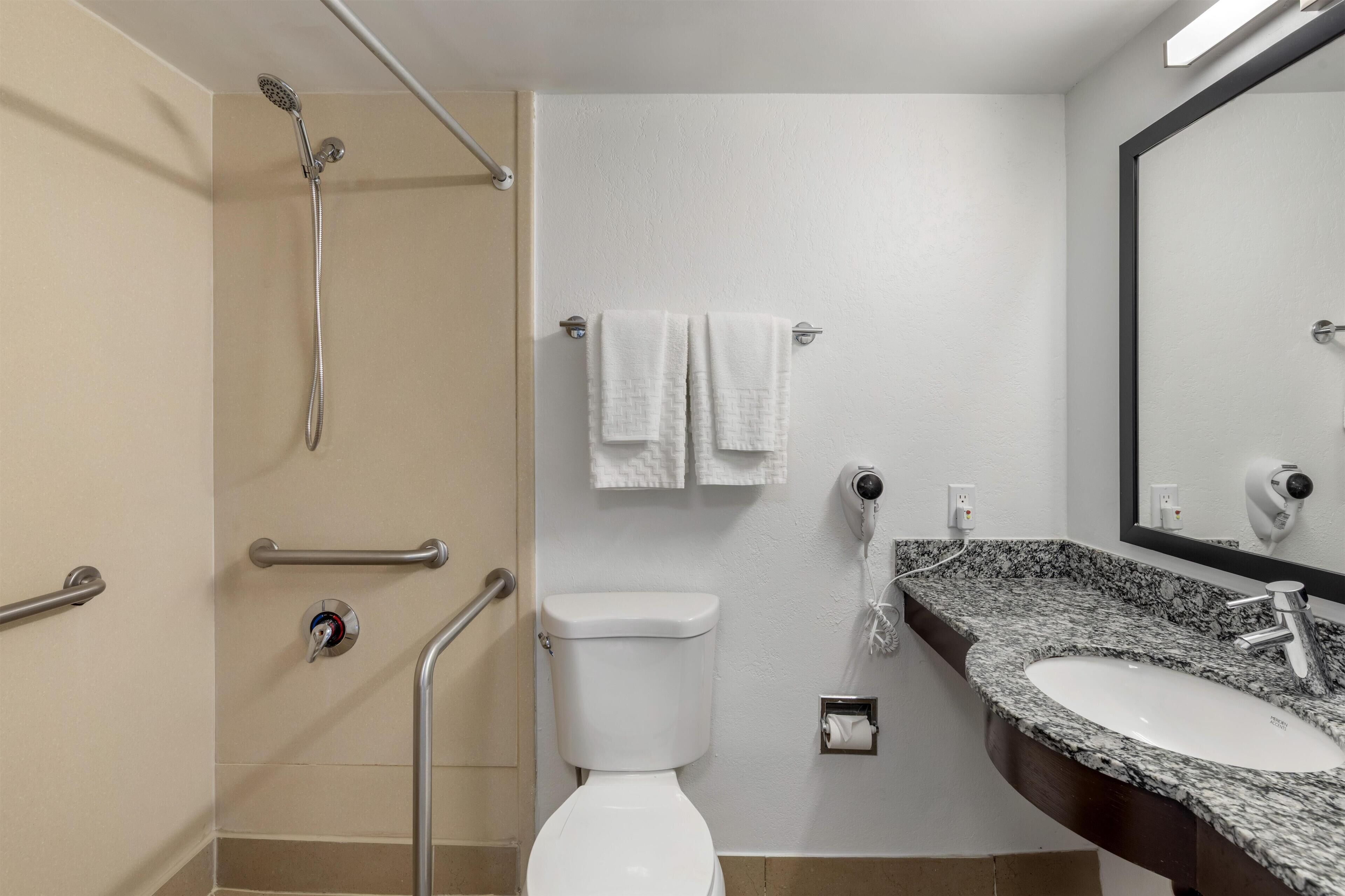 Ein modernes Badezimmer mit Dusche, Toilette und Waschbecken.