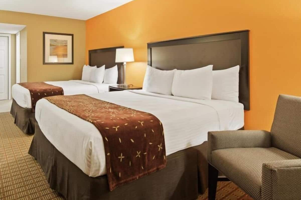 Desk, laptop workspace, blackout curtains, iron/ironing board