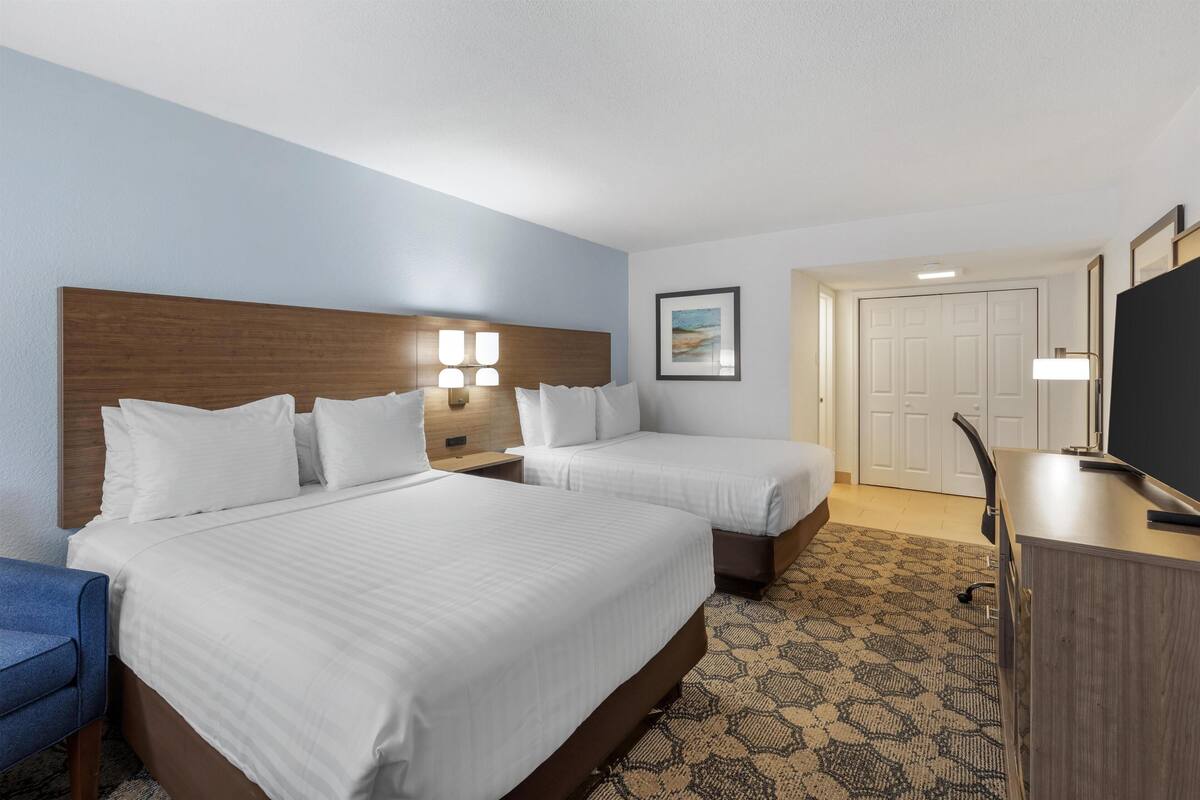 Standard Room, 2 Queen Beds, Non Smoking, Refrigerator & Microwave | Desk, laptop workspace, blackout curtains, iron/ironing board