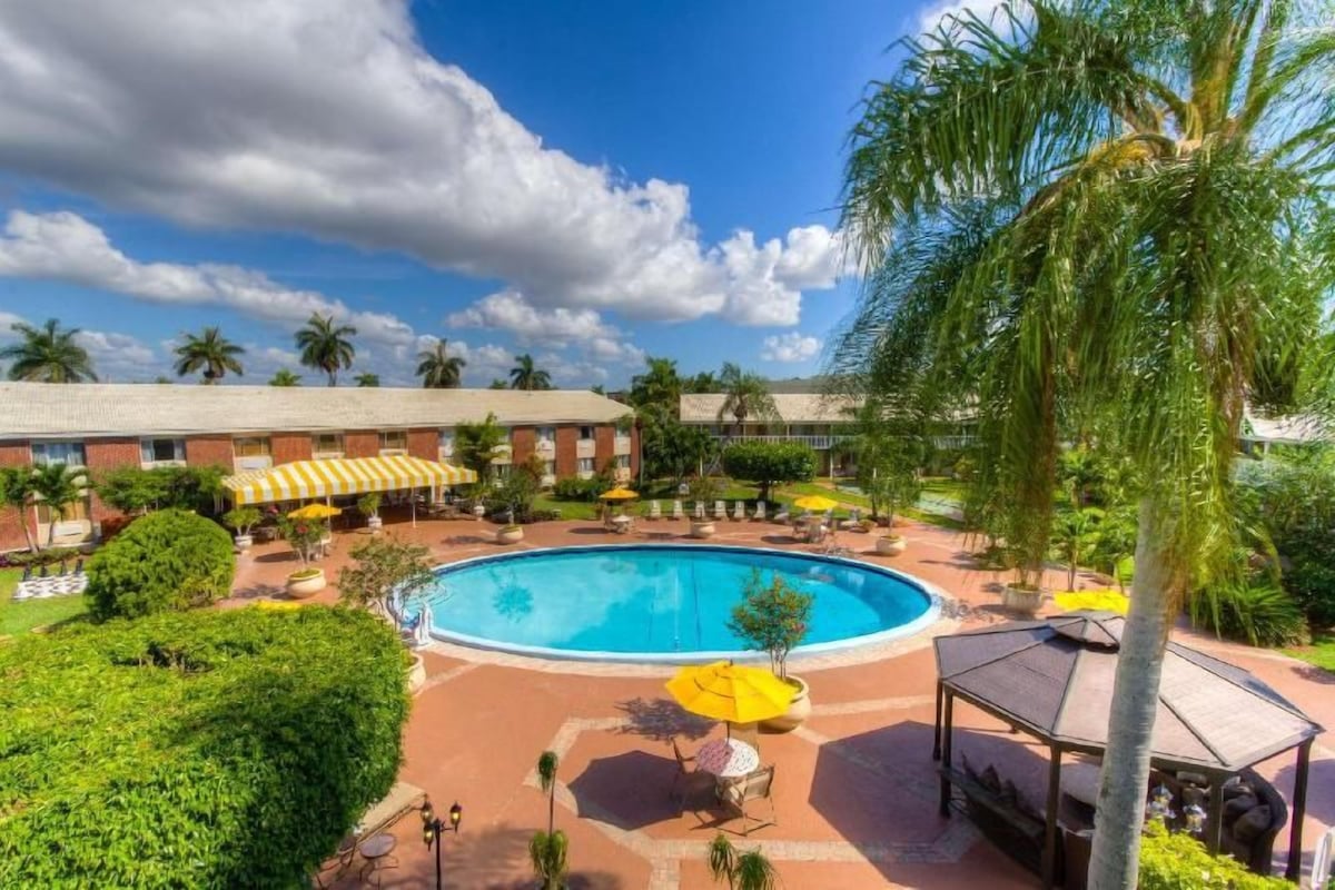 Un patio de hotel con piscina, palmeras y zonas de estar al aire libre.