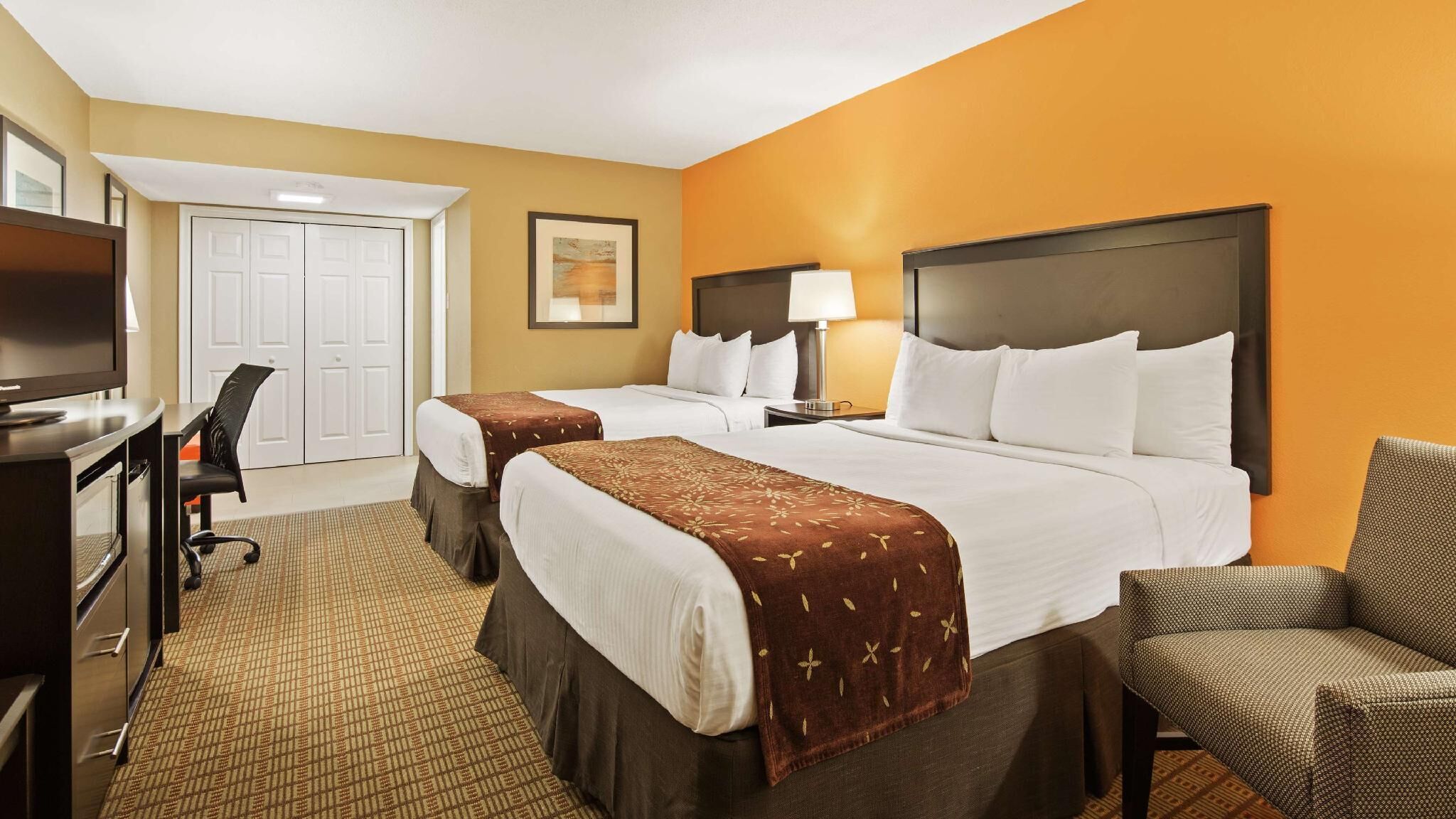 Desk, laptop workspace, blackout curtains, iron/ironing board