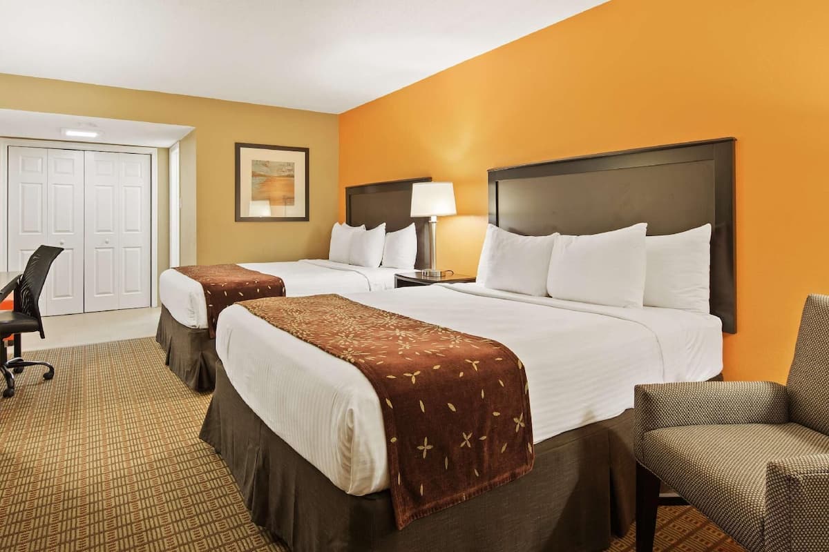 Desk, laptop workspace, blackout curtains, iron/ironing board