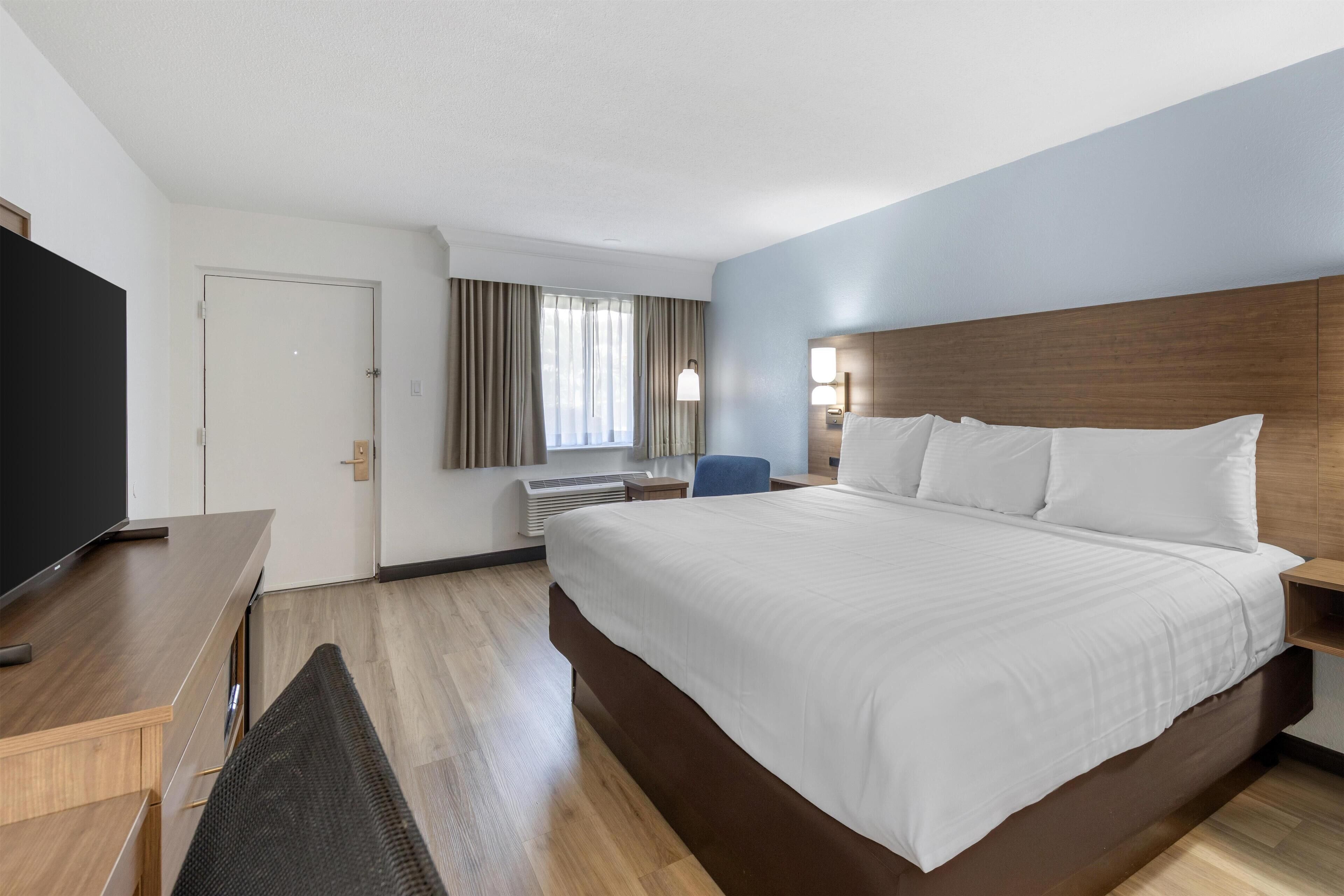 Standard Room, 1 King Bed, Refrigerator & Microwave, Courtyard View | Desk, laptop workspace, blackout curtains, iron/ironing board