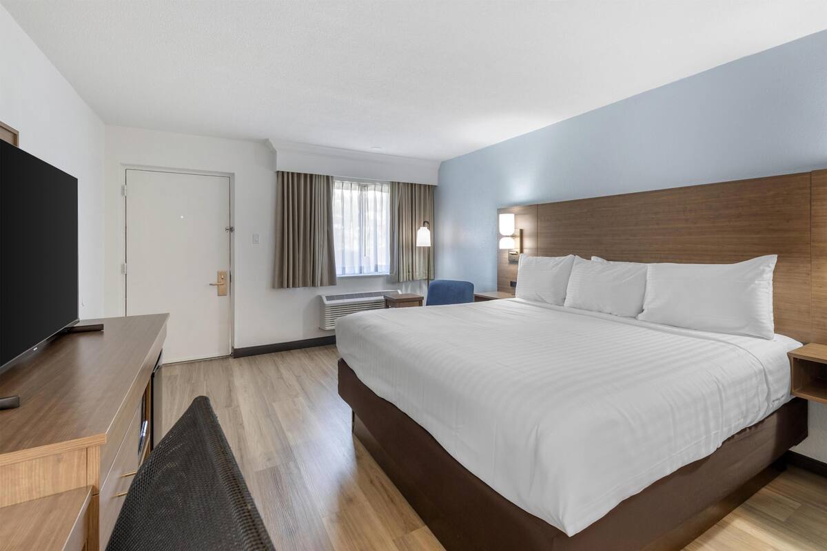 Standard Room, 1 King Bed, Refrigerator & Microwave, Courtyard View | Desk, laptop workspace, blackout curtains, iron/ironing board