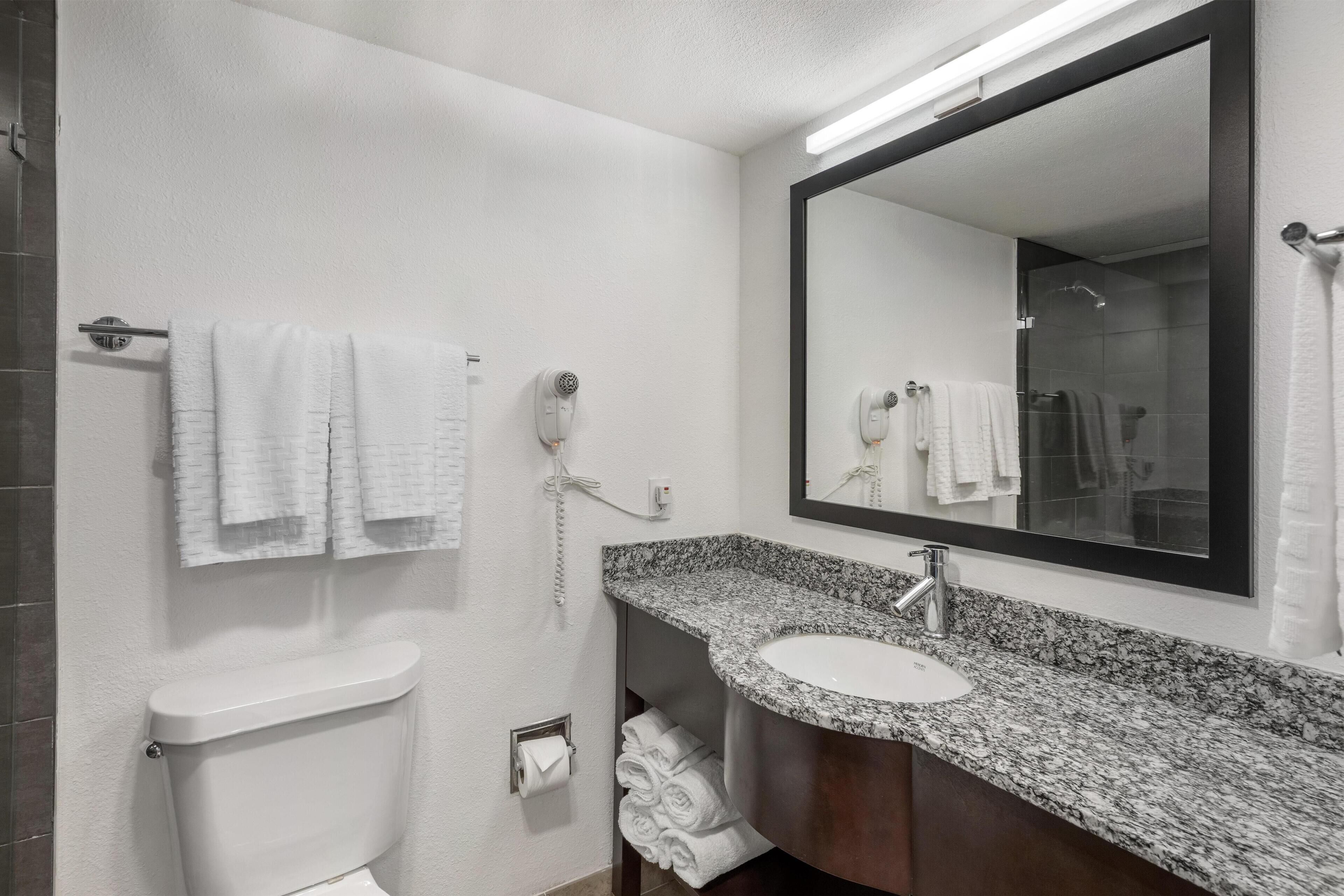 Een badkamer met een wit toilet, een wastafel met een granieten blad, een spiegel en een handdoekrek met handdoeken.