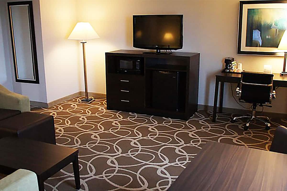 A hotel room with a flat-screen TV, a desk, a chair, a lamp, and a patterned carpet.