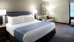 Habitación de hotel con una cama grande, un sofá, dos lámparas y un cuadro en la pared.
