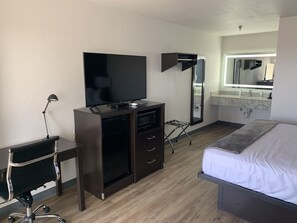 Desk, laptop workspace, blackout drapes, free WiFi