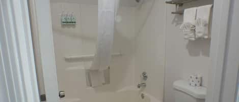 A bathroom with a bathtub, toilet, and a shower curtain.